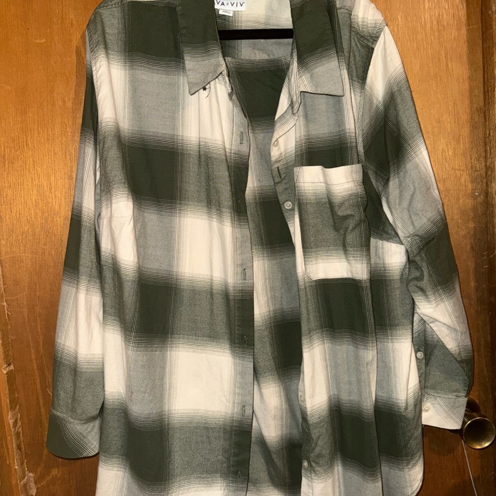 Ava & Viv Green and White Long Sleeve Notched Collar Shirt